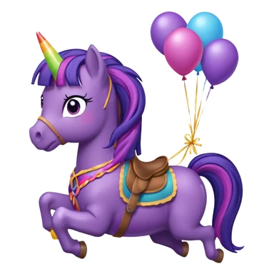 twillight sparkle mlp holding colorful balloons tied to its saddle, looking cheerful. sticker