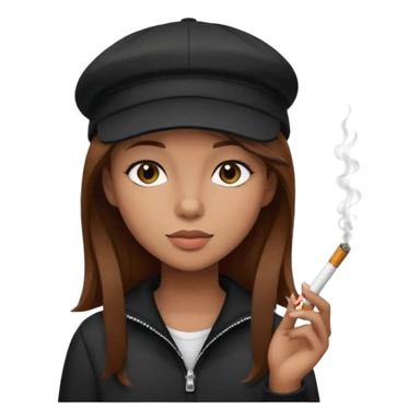 A girl with brown hair with a cigarette and a black cap sticker