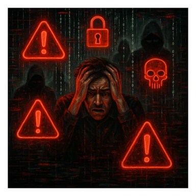 A surreal scene representing a cyber security nightmare: a person surrounded by glowing red warning symbols, shadowy hackers, and streams of binary code, with a sense of chaos and digital threat. sticker