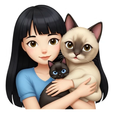 A girl with long black hair and bangs happily hugs a Siamese cat sticker
