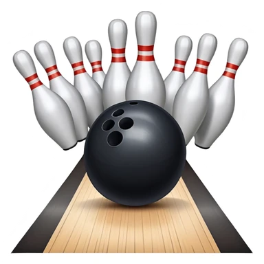 A bowling ball rolling down the lane towards a set of pins, with the pins poised to fall. The scene is set in a bowling alley with bright lights and a polished wooden floor, capturing the excitement and precision of the sport. sticker