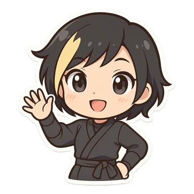 chibi ninja girl with black short hair and a blonde streak, big head, small body and arms, not overly round or infant-like, cute and playful, anime-style face with large expressive eyes, small nose and mouth, subtle blush, hand fully raised, waving to the left, smiling, pastel colors, soft shading, clean outlines, no mask sticker