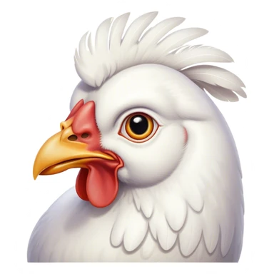 Cinematic Noble White Chicken Portrait Emoji, Poised and regal, with a compact, sturdy build and a pristine, well-groomed pure white plumage, deep-set soulful beady eyes, Simplified yet sharp and sophisticated features, highly detailed, glowing with a soft, dignified glow, high shine, intelligent and alert, stylized with an air of barnyard elegance, focused and attentive, soft glowing outline, capturing the essence of a watchful and confident fowl, so majestic it feels as though it could strut out of the screen with effortless authority! sticker