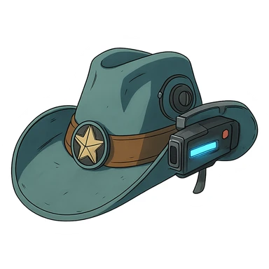 a tricked out futuristic cowboy hat, viewed 2/3 to the front sticker