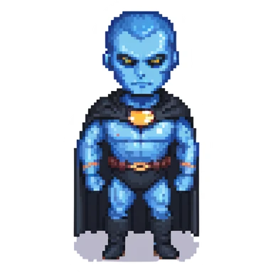megamind character, blue-skinned supervillain with a large head, wearing a black cape and suit, confident expression, pixel art style sticker