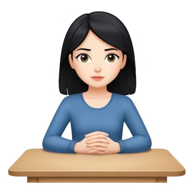 white girl black hair sitting at table with hands flat sticker