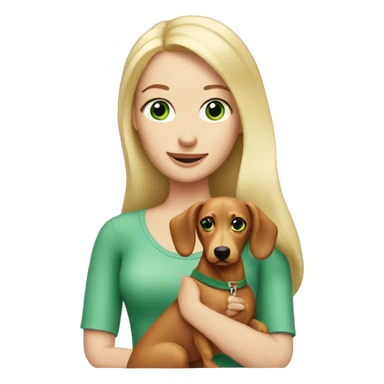 Blond woman with green eyes holding a wiener dog sticker