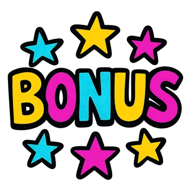 the word BONUS in large, eye-catching colorful letters surrounded by stars, no background or sign behind, just the letters and stars sticker
