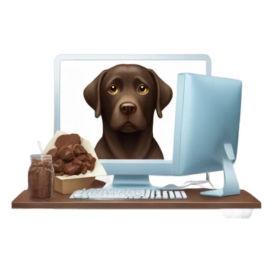Chocolate lab working on computer with small headset , food on desk sticker