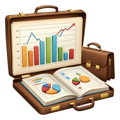 Icon for Business Reading: an open book with a chart and graphs emerging from the pages, surrounded by a briefcase, a laptop, and a pen. The icon should represent the knowledge and strategies found in business literature. Transparent background. sticker