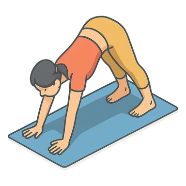 girl in cute yoga outfit performing downward dog pose (Adho Mukha Svanasana), 2D isometric style, very detailed drawing, shadows and highlights, clean contours, soft lighting, transparent background sticker
