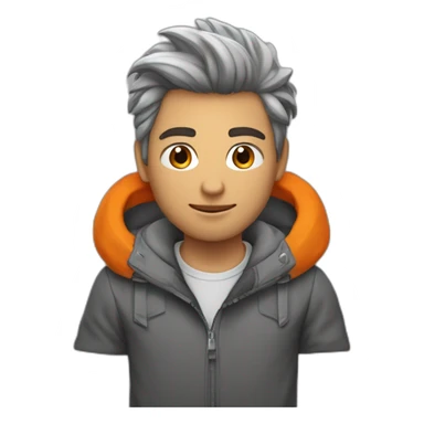 jeune homme balnc aux cheveux gris avec une doudoune orange sticker