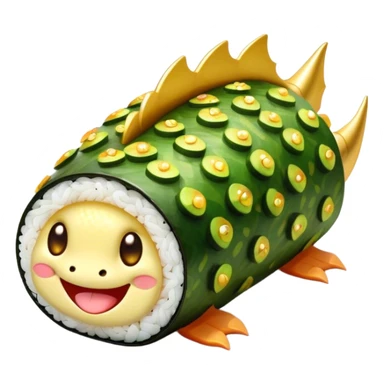Cute Kawaii Dragon Roll, long and curled like a tiny dragon, bright green avocado scales, happy smiling face, chubby round body, sparkling golden sushi eyes! sticker