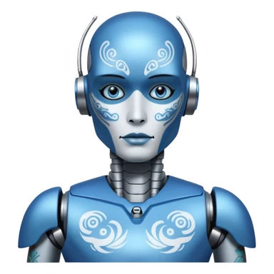 blue Tatooed robot, big many tatooes on chest, neck and face, white tatoo on face sticker
