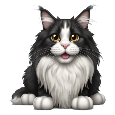 black and white maine coon cat with tongue hanging out and bulging eyes and paws standing on the floor sticker
