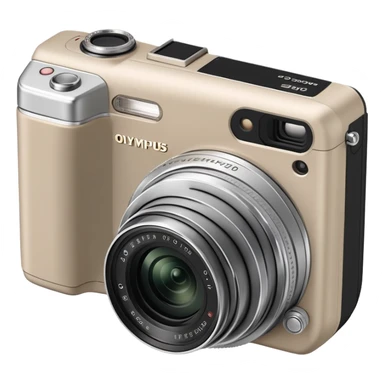 Minimalist Olympus Superzoom 70G camera from side angle, grayish-beige color, simplified profile showing characteristic silhouette with very few details sticker