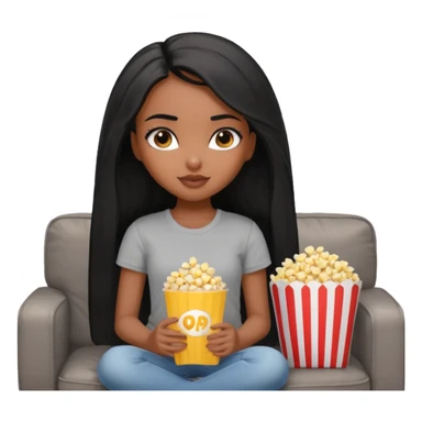 a pretty bratz dusky girl with long straight hair on a couch with popcorn nd wearing a grey tshirt sticker