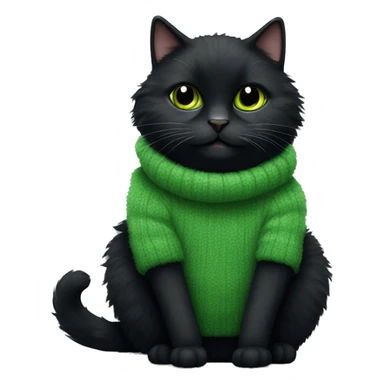 black fluffy cat sitting full length in green fluffy sweater sticker