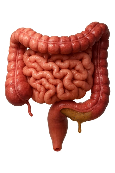 intestino anatomico umano affetto da gastroenterite, diarrea liquida nel colon ben visibile, iperrealistico 4k sticker