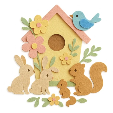 birdhouse with flowers and forest creatures including bunnies, birds, and squirrels, soft pastel colors, transparent background sticker