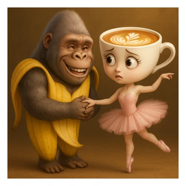 Edit the image to make the ballerina coffee cup character confused and the gorilla-banana character happy, keeping their original style, outfits, and colors exactly as in the reference image. sticker