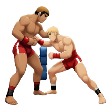 An icon depicting two wrestlers in a grappling stance on the mat, engaged in a fierce combat. One fighter attempts a takedown, while the other resists. The background shows a wrestling arena with bright lights and spectators around the edge of the ring. Transparent background  sticker