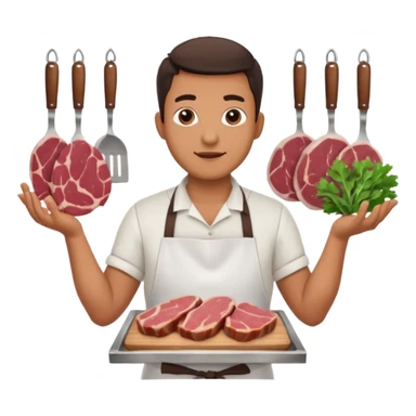 Una carnicería chapala con carnes y un señor promocionando sticker