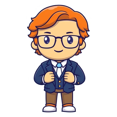 Professional economics channel mascot with shoulder-length wavy light brown hair, rectangular glasses, navy blazer, light blue shirt, empty hands, confident stance sticker