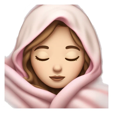 pale skin brown haired girl with white and pink blanket around head with eyes closed sleeping sticker
