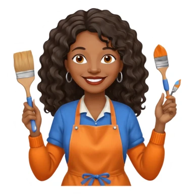 FEMME FRISÉ 60 ANS CHEVEUX NOIR FRISÉ ONDULÉ TRÈS  LONG , SOURIANTE AVEC CHANDAIL ORANGE ,   YEUX BLEU ET UN PINCEAU À LA MAIN LA MAIN AVEC 5 DOIGT SEULEMENT ET TABLIER sticker