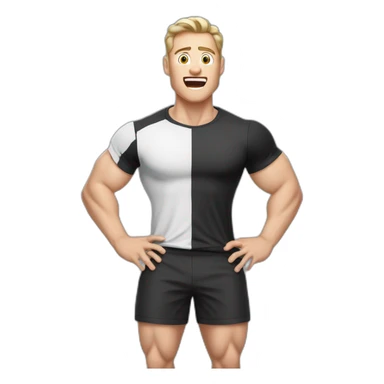 amazed Open with surprise mouth Pale skinned Fit Man With the biceps and dark brown hair in black shirt, gray sports shorts and white Sneakers sticker