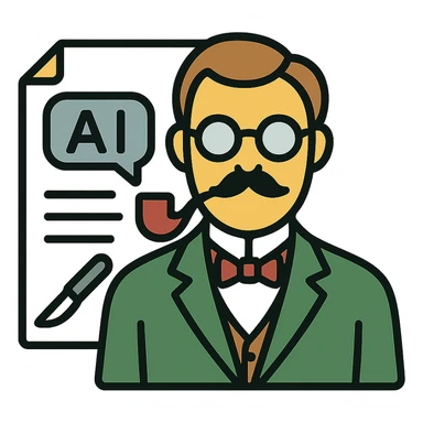 minimalistic icon of a refined scholarly professor with glasses, pipe, elegant suit, exuding intellectual authority and respect, atop a sleek document background with subtle AI messaging interface cues, scalpel motif subtly integrated, vintage European university color palette, evokes technical precision and scholarly elegance sticker
