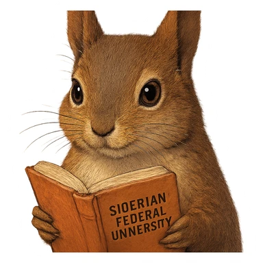 A cute brown squirrel with an orange book, studying at Siberian Federal University, close-up of the face, detailed fur, intelligent and beautiful sticker