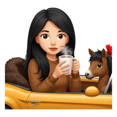 anned Girl with lashes , bright black long hair, in an extremely big fluffy brown mustang, and drinking hot chocolate drink sticker