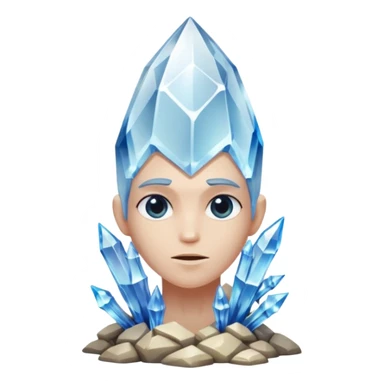 A single crystal rock character inspired by a clear quartz cluster, amorph base with many tall transparent crystal spikes growing upward all around it with a face sticker