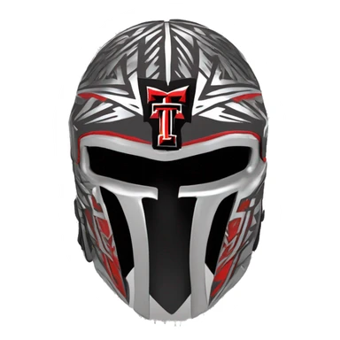 Texas-tech-red-raiders tribal artwork covered  T logos in gunmetal on battle helmet  huge punk Mohawk viking multi  color Logo T in hint of shiny silver 3d sticker