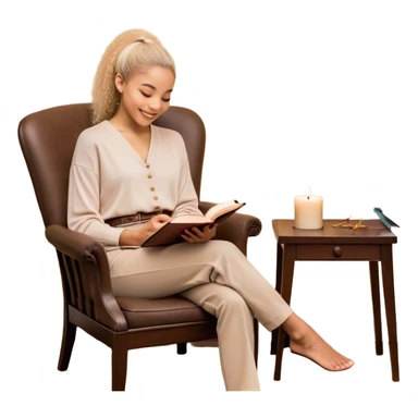 A person sits mindfully in a chair, a gratitude journal nearby, and a phone turned off. A bird chirps outside, a scented candle burns, and a small hidden gift bag peeks from under the table. A framed quote says, "Be Kind to Yourself," while they share a smile with someone. sticker