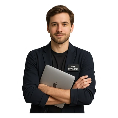 web developer, brown hair, folded arms, holding a MacBook, relaxed and professional, modern tech style sticker