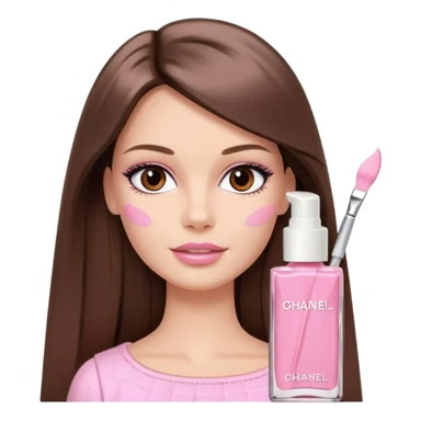 Barbie girl a brown long Straight hair and brown eyes is In pale pink smears by hand cosmetic cream Chanel on her face sticker