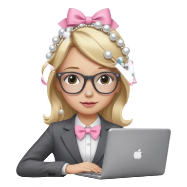 Please take the girl with laptop emoji and make her glassess light brown and her nose a bit smaller and pointier and she has blonde long hair and a dark grey suit and pearls, and has a laptop in fron of her and a tiny pink bow on the left side of her head sticker