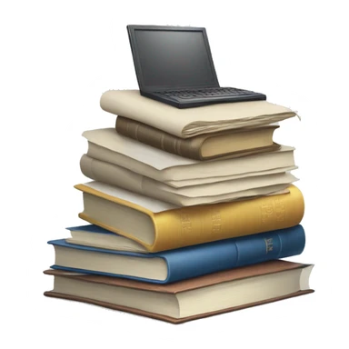 A pile of books, a pile of papers, a computer sticker
