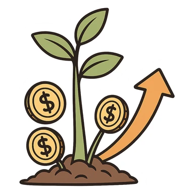 icon representing investment, a growing plant with coins and upward arrow sticker