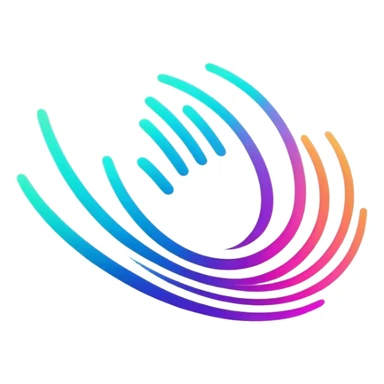 A futuristic abstract logo with curved dynamic lines resembling a subtle hand motion, glowing neon gradients, minimal and modern sticker