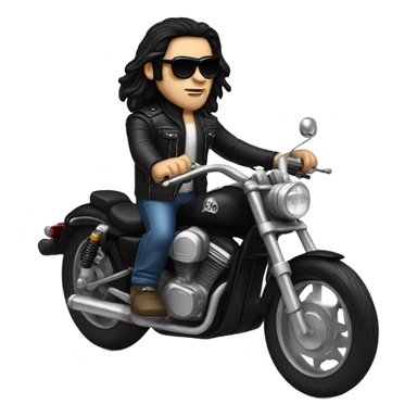 white man with long black hair wearing sunglasses riding a black motorcycle with ape hanger handle bars sticker