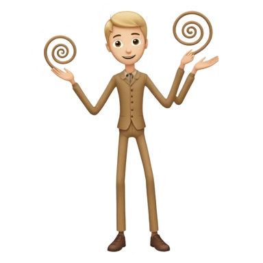 
Theo → “Thin Theo”

Aspetto Toon: Alto, esile, con un corpo filiforme quasi da marionetta. Il volto è sempre sorridente ma gli occhi sono due spirali ipnotiche. Cammina traballando come un cartone animato che sembra cadere ma non cade mai.
 sticker