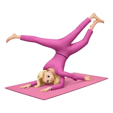 A fair-haired girl in a pink suit does a back bridge on a mat sticker