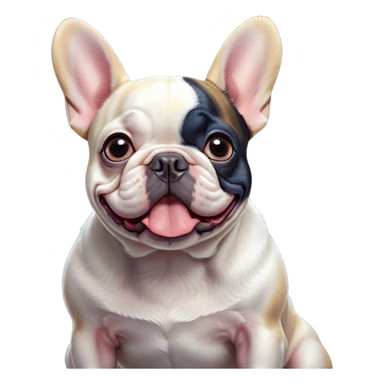 Cinematic Comical Pied French Bulldog Portrait Emoji, Head tilted with an exaggeratedly shocked, comical expression and wide, humorously expressive eyes, showcasing a distinctive pied fur of contrasting hues and a charmingly goofy face, simplified yet hilariously detailed, glowing with a sassy, playful radiance, high shine, exuding a mischievous and meme-worthy charm, styled with a soft glowing outline, capturing the essence of a Pied French Bulldog that looks ready to spark a viral laugh! sticker