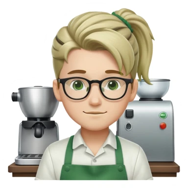 cute white barista boy with glasses green apron and pony tail sticker