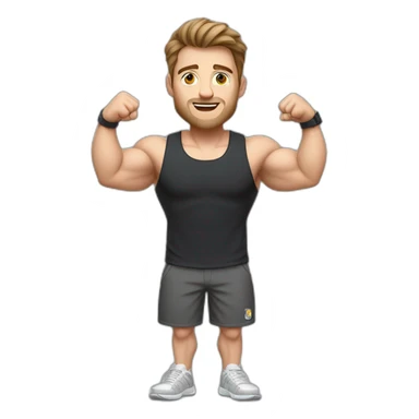 Full height realistic Actively gesturing with hands Pale skinned Fit Man With the biceps and brown hair in dark gray Sleeveless Mike, black oversize sports shorts, watch and white Sneakers sticker