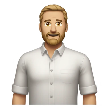 middle aged english man, short slicked back hair dark blonde, dark blonde medium length size full beard, wearing only a plain white smart shirt unbuttoned. sticker
